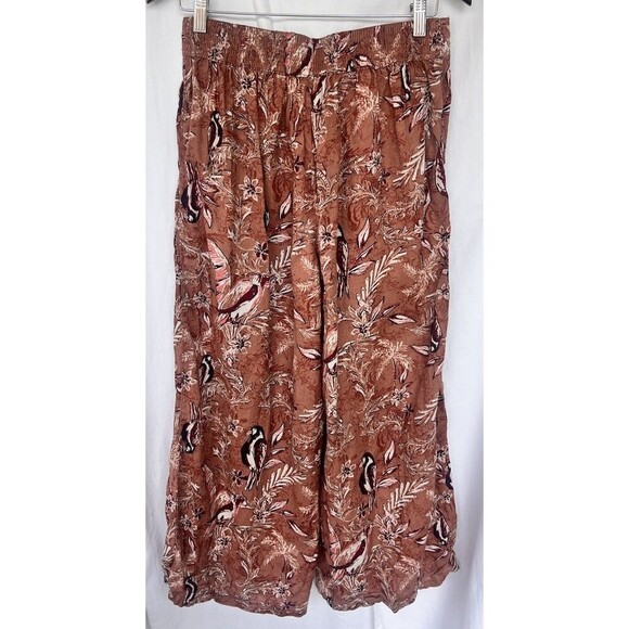 Tahari Linen Pants Women M Bird Floral Tropical Wide Leg Crop Pull On Cottage - Picture 3 of 6